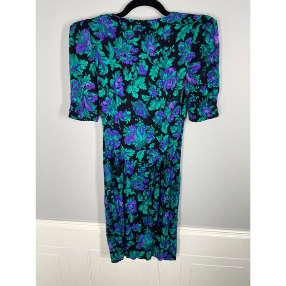 Vintage, Sz 3/4, Bright Teal & Purple Button Up Rayon Dress, Shoulder Pads, VGVC - Picture 5 of 6